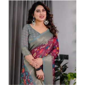 Women's Linen Printed Saree – Purple