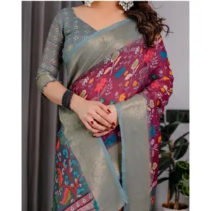 Women's Linen Printed Saree – Purple