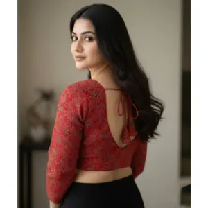 Generic Women's Ajrakh Cotton Printed V-Neck Padded Blouse (Red 38 Ready (Self Alterable 36–40)