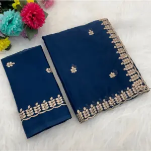 Women's Georgette Embroidered Saree with Blouse – Blue