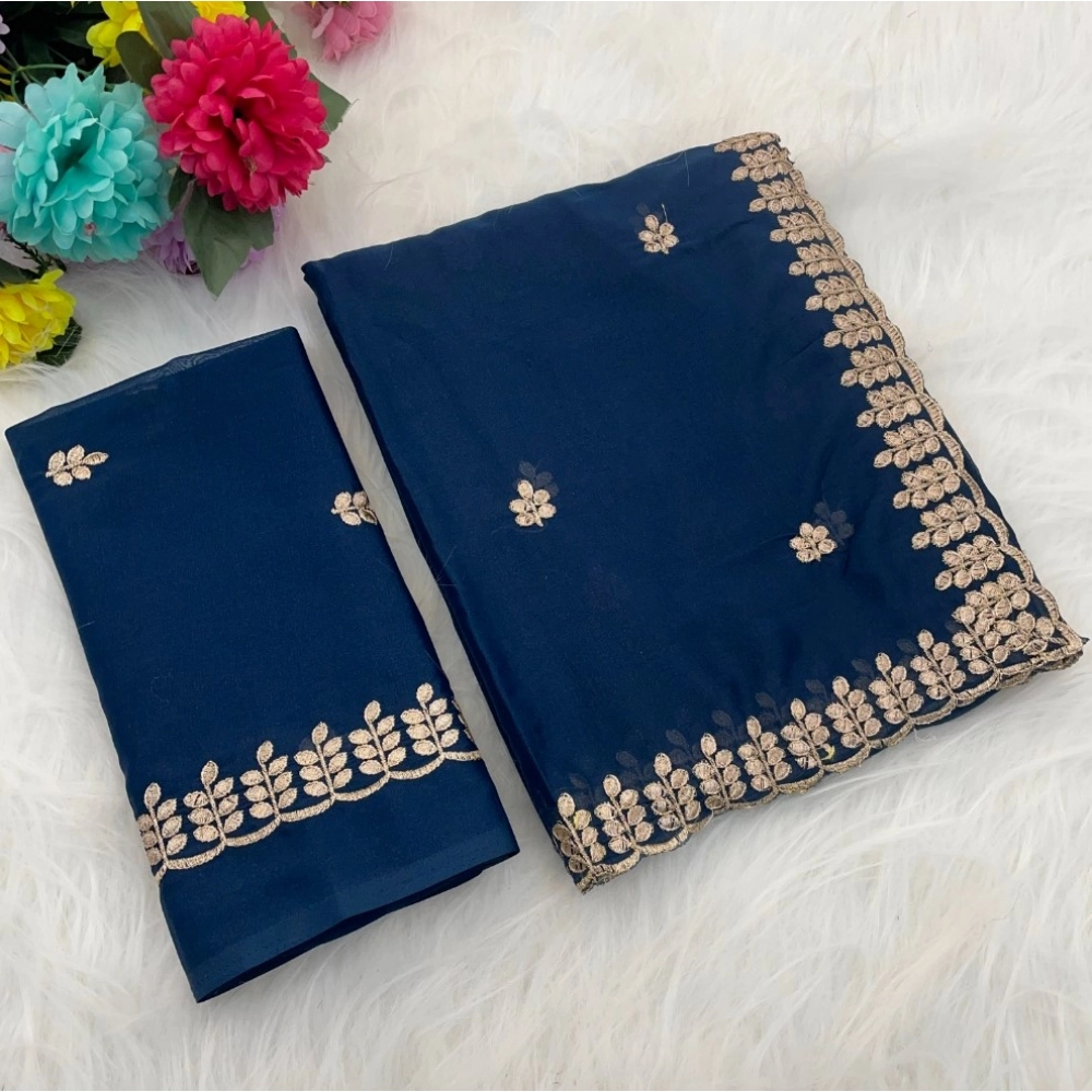 Women's Georgette Embroidered Saree with Blouse – Blue