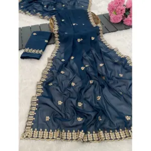 Women's Georgette Embroidered Saree with Blouse – Blue