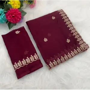Women's Georgette Embroidered Saree with Blouse – Red