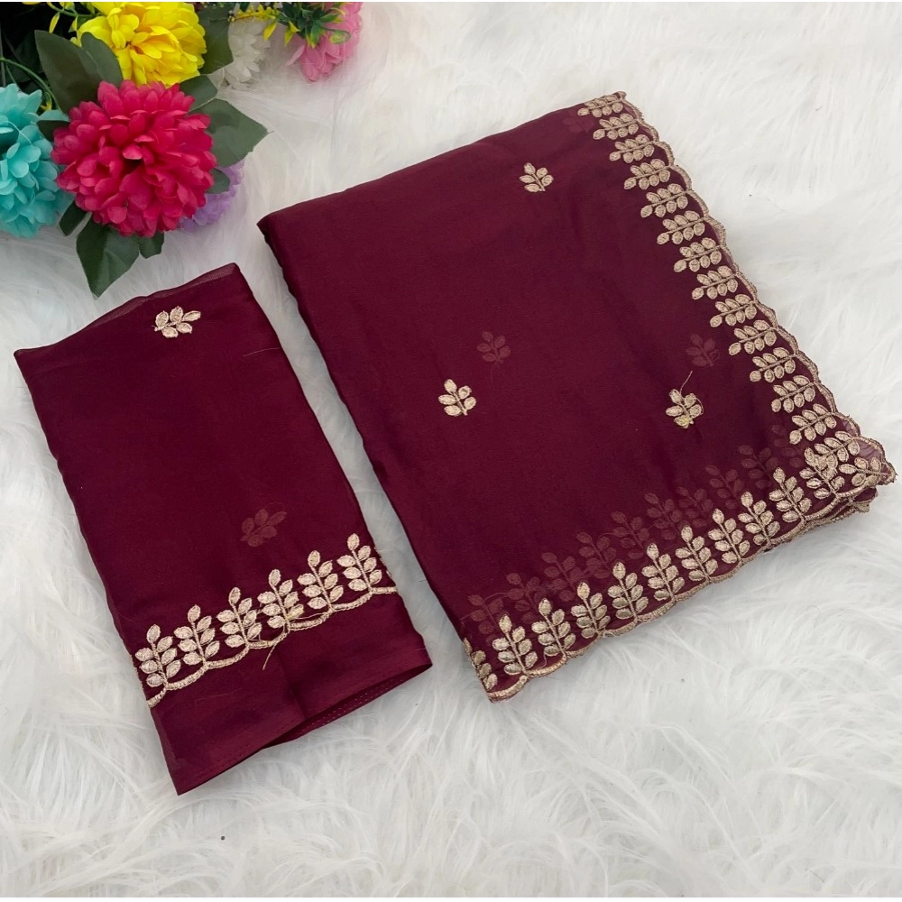 Women's Georgette Embroidered Saree with Blouse – Red