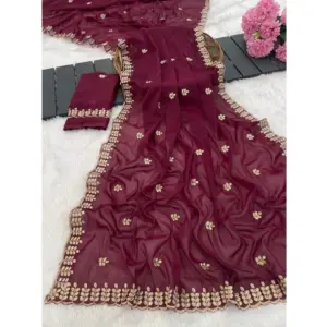 Women's Georgette Embroidered Saree with Blouse – Red