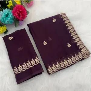 Women's Georgette Embroidered Saree with Blouse – Wine