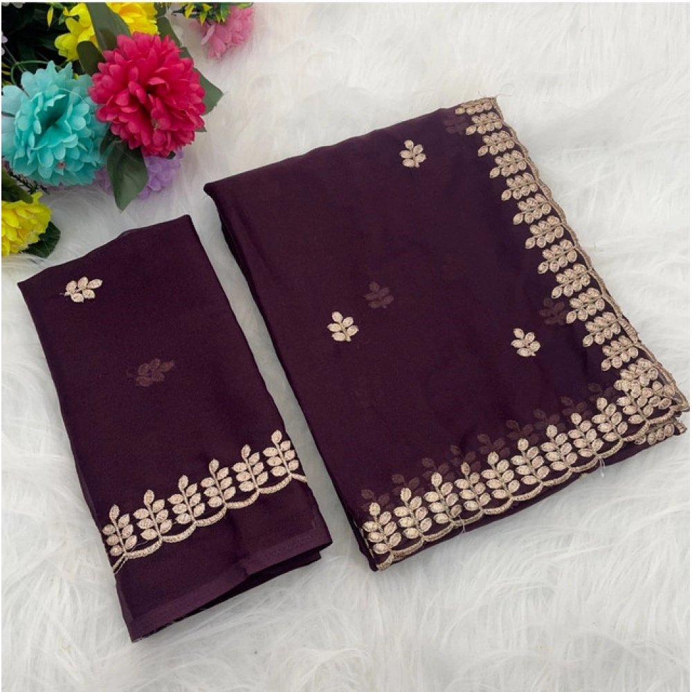 Women's Georgette Embroidered Saree with Blouse – Wine