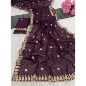 Women's Georgette Embroidered Saree with Blouse – Wine