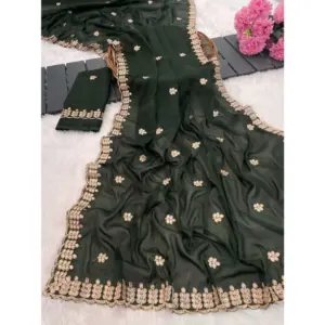 Women's Georgette Embroidered Saree with Blouse – Green
