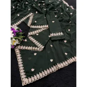 Women's Georgette Embroidered Saree with Blouse – Green