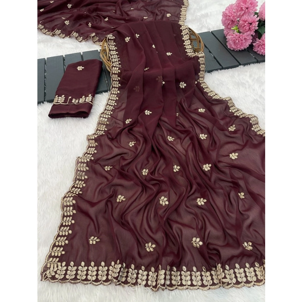 Women's Georgette Embroidered Saree with Blouse – Maroon