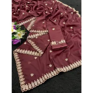 Women's Georgette Embroidered Saree with Blouse – Maroon