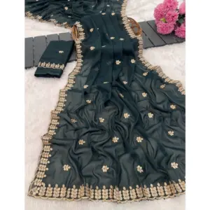 Women's Georgette Embroidered Saree with Blouse – Teal