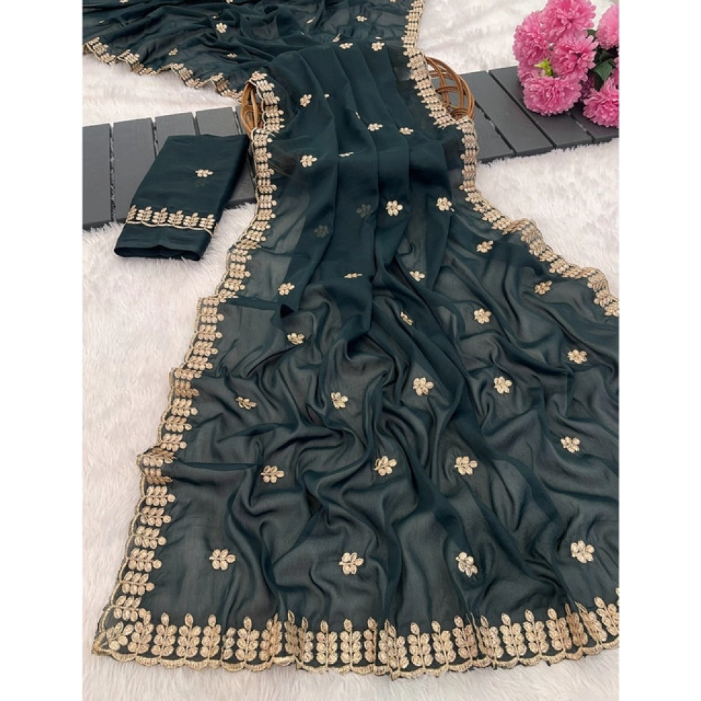 Women's Georgette Embroidered Saree with Blouse – Teal