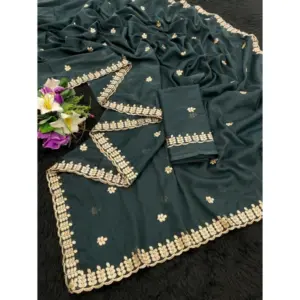 Women's Georgette Embroidered Saree with Blouse – Teal