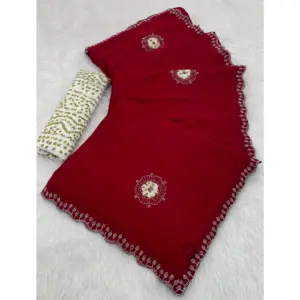 Women's Chiffon Butti Dotted Saree with Blouse – Red