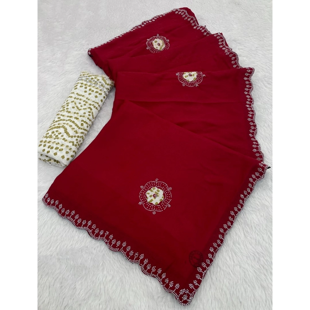 Women's Chiffon Butti Dotted Saree with Blouse – Red