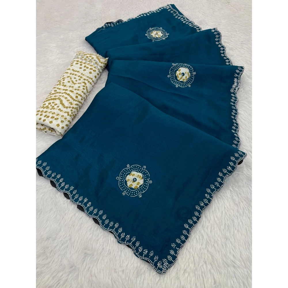 Women's Chiffon Butti Dotted Saree with Blouse – Blue
