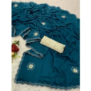 Women's Chiffon Butti Dotted Saree with Blouse – Blue
