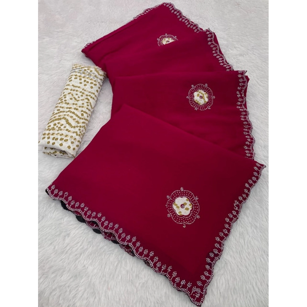 Women's Chiffon Butti Dotted Saree with Blouse – Pink
