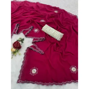 Women's Chiffon Butti Dotted Saree with Blouse – Pink