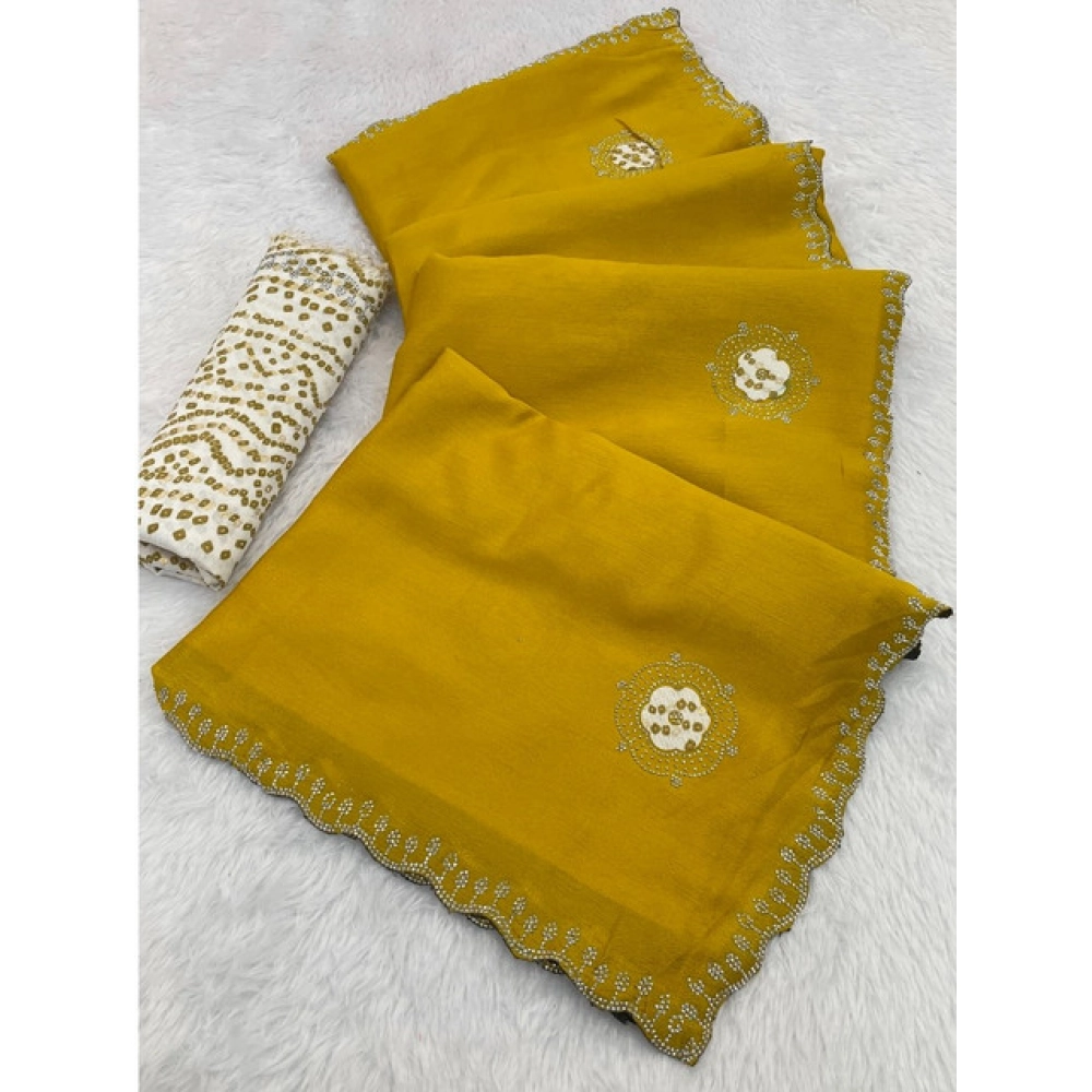 Women's Chiffon Butti Dotted Saree with Blouse – Yellow