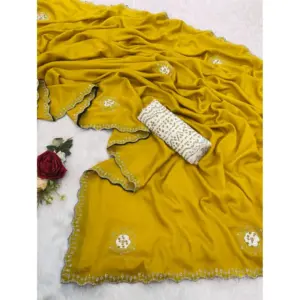 Women's Chiffon Butti Dotted Saree with Blouse – Yellow