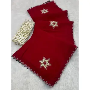 Women's Chiffon Butti Dotted Saree with Blouse – Red