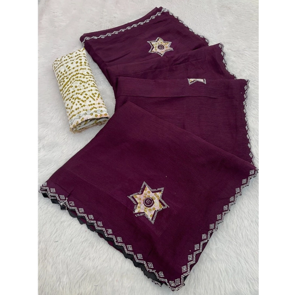 Women's Chiffon Butti Dotted Saree with Blouse – Wine