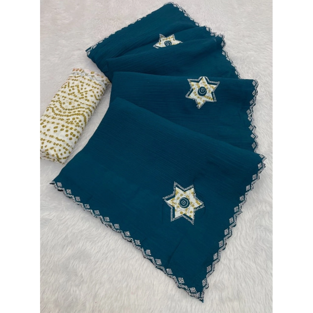 Women's Chiffon Butti Dotted Saree with Blouse – Blue