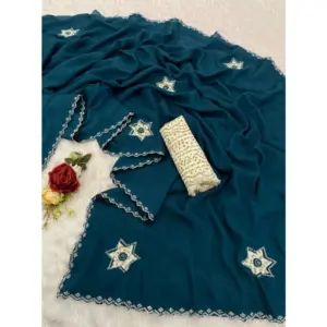 Women's Chiffon Butti Dotted Saree with Blouse – Blue