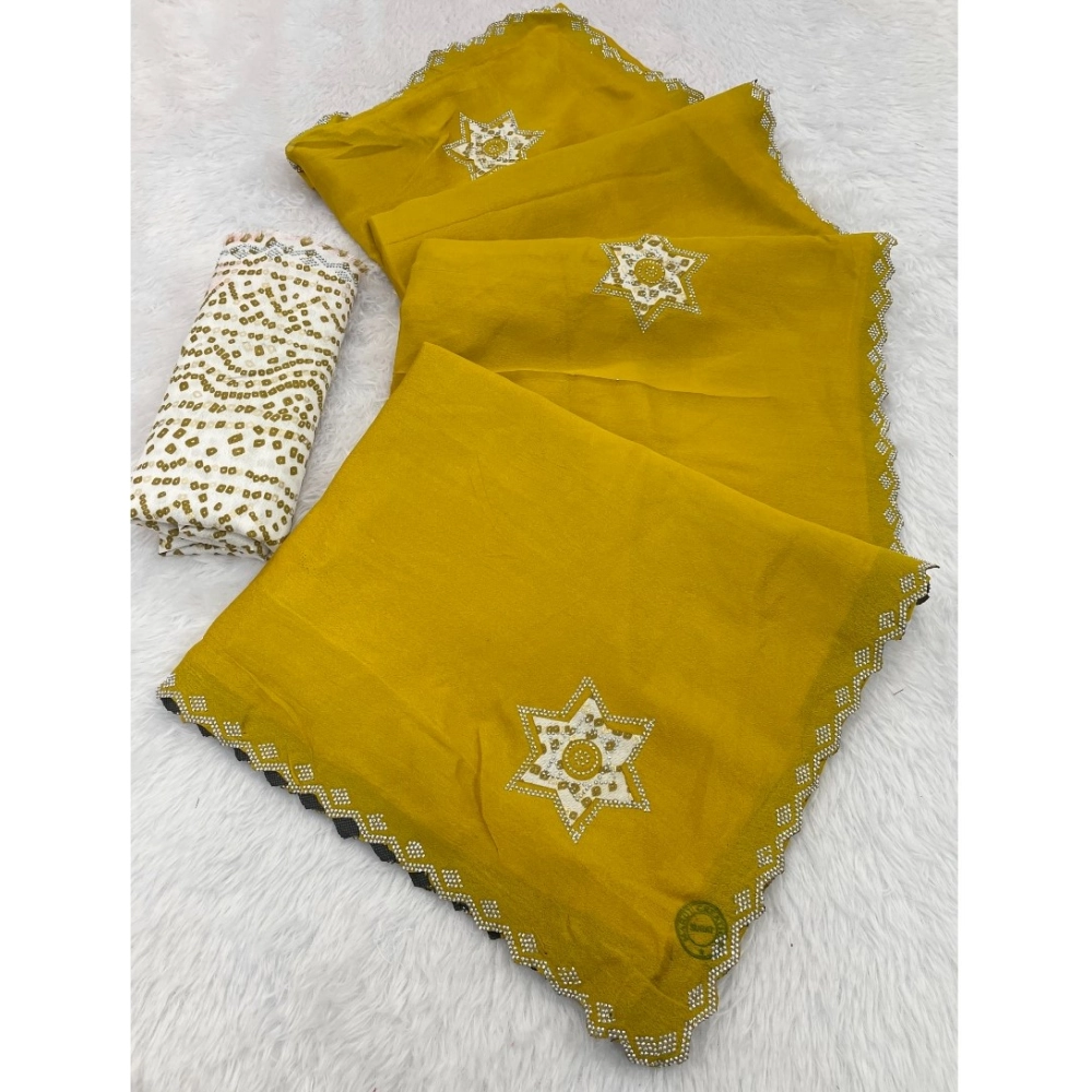 Women's Chiffon Butti Dotted Saree with Blouse – Yellow