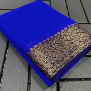 Women's Crepe Chit Pallu Solid Saree with Blouse – Navy Blue