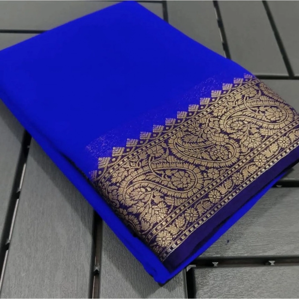 Women's Crepe Chit Pallu Solid Saree with Blouse – Navy Blue