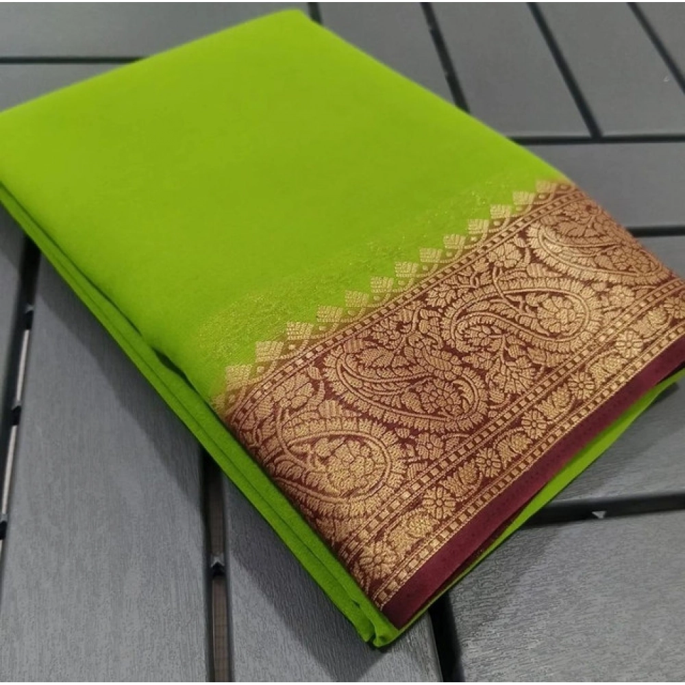 Women's Crepe Chit Pallu Solid Saree with Blouse – Green