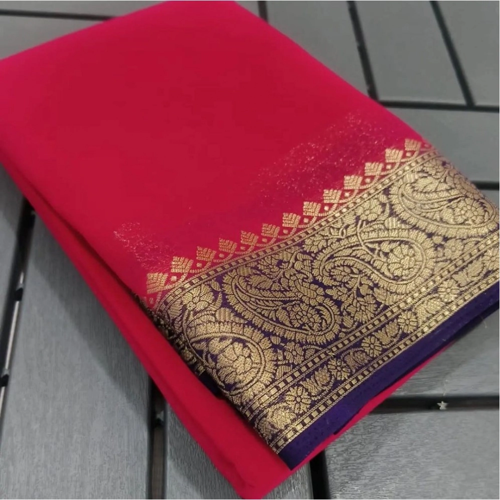 Women's Crepe Chit Pallu Solid Saree with Blouse – Red