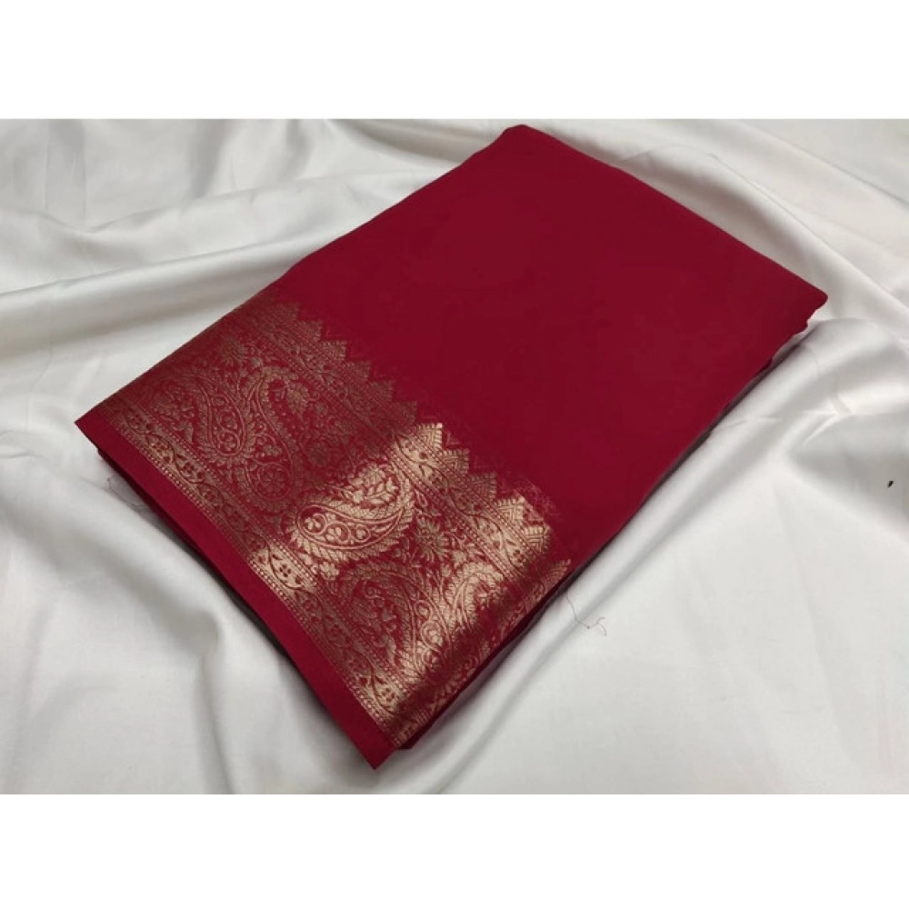 Women's Crepe Chit Pallu Solid Saree with Blouse – Maroon