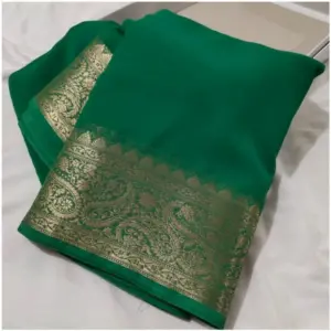 Women's Crepe Chit Pallu Solid Saree with Blouse – Green