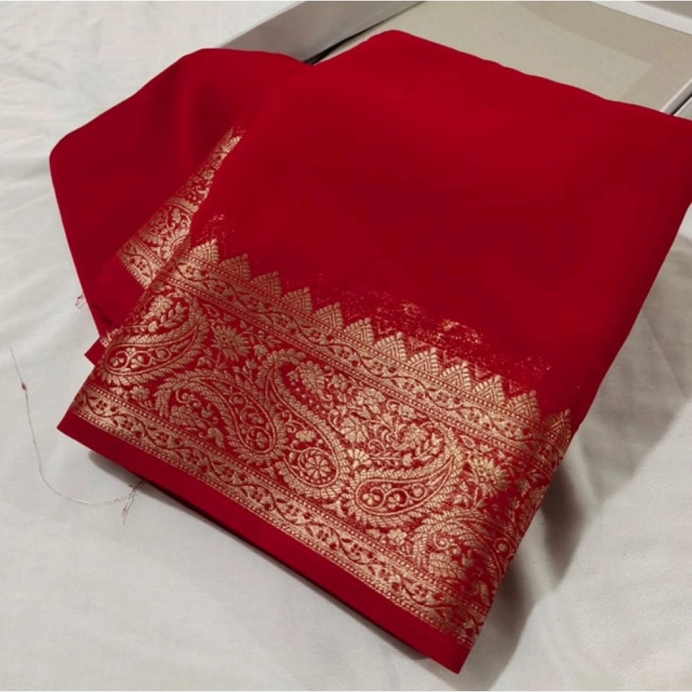 Women's Crepe Chit Pallu Solid Saree with Blouse – Red