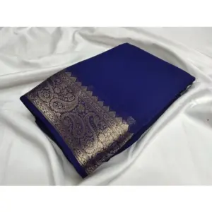 Women's Crepe Chit Pallu Solid Saree with Blouse – Blue
