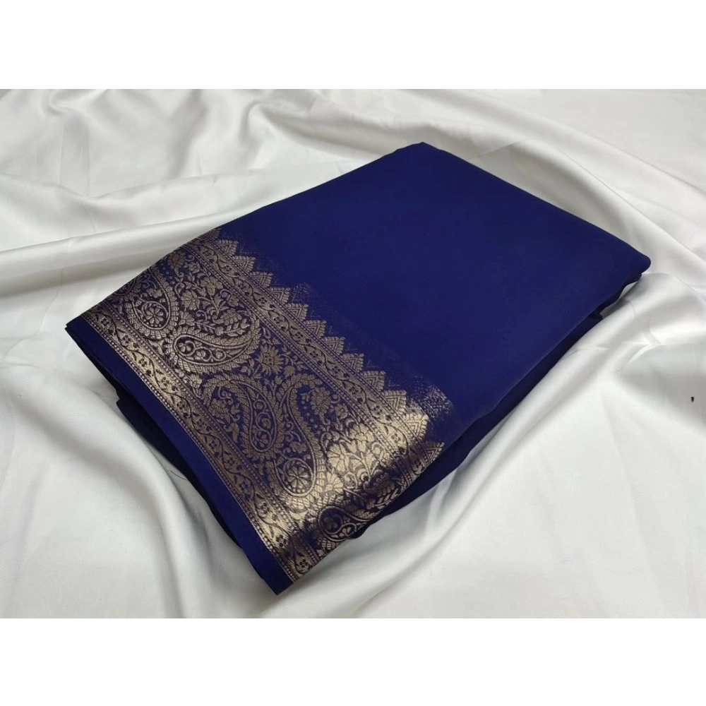 Women's Crepe Chit Pallu Solid Saree with Blouse – Blue