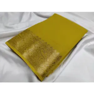 Women's Crepe Chit Pallu Solid Saree with Blouse – Mustard Yellow