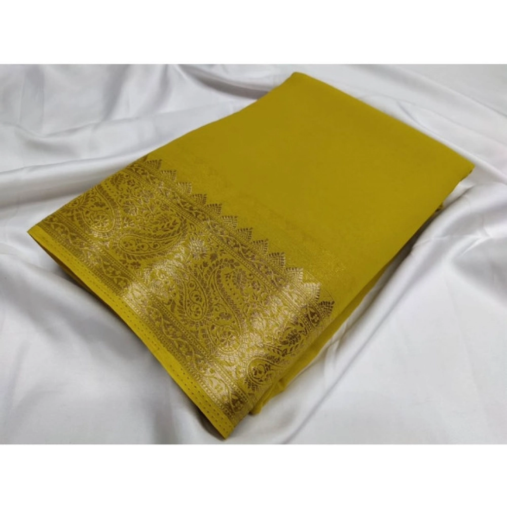 Women's Crepe Chit Pallu Solid Saree with Blouse – Mustard Yellow