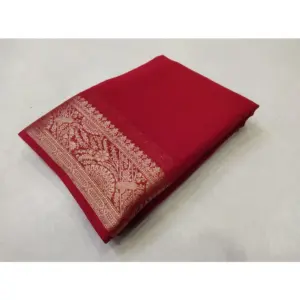 Women's Crepe Chit Pallu Solid Saree with Blouse – Red