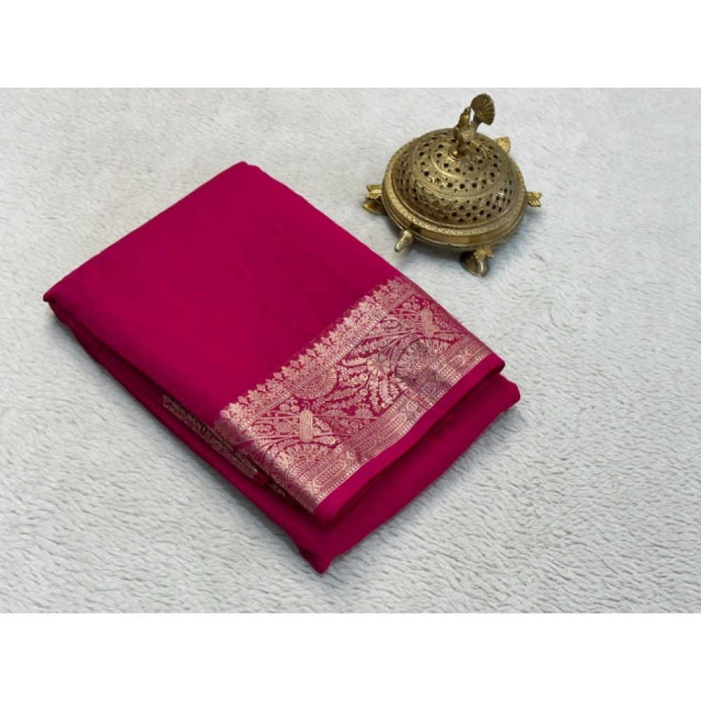 Women's Crepe Chit Pallu Solid Saree with Blouse – Pink