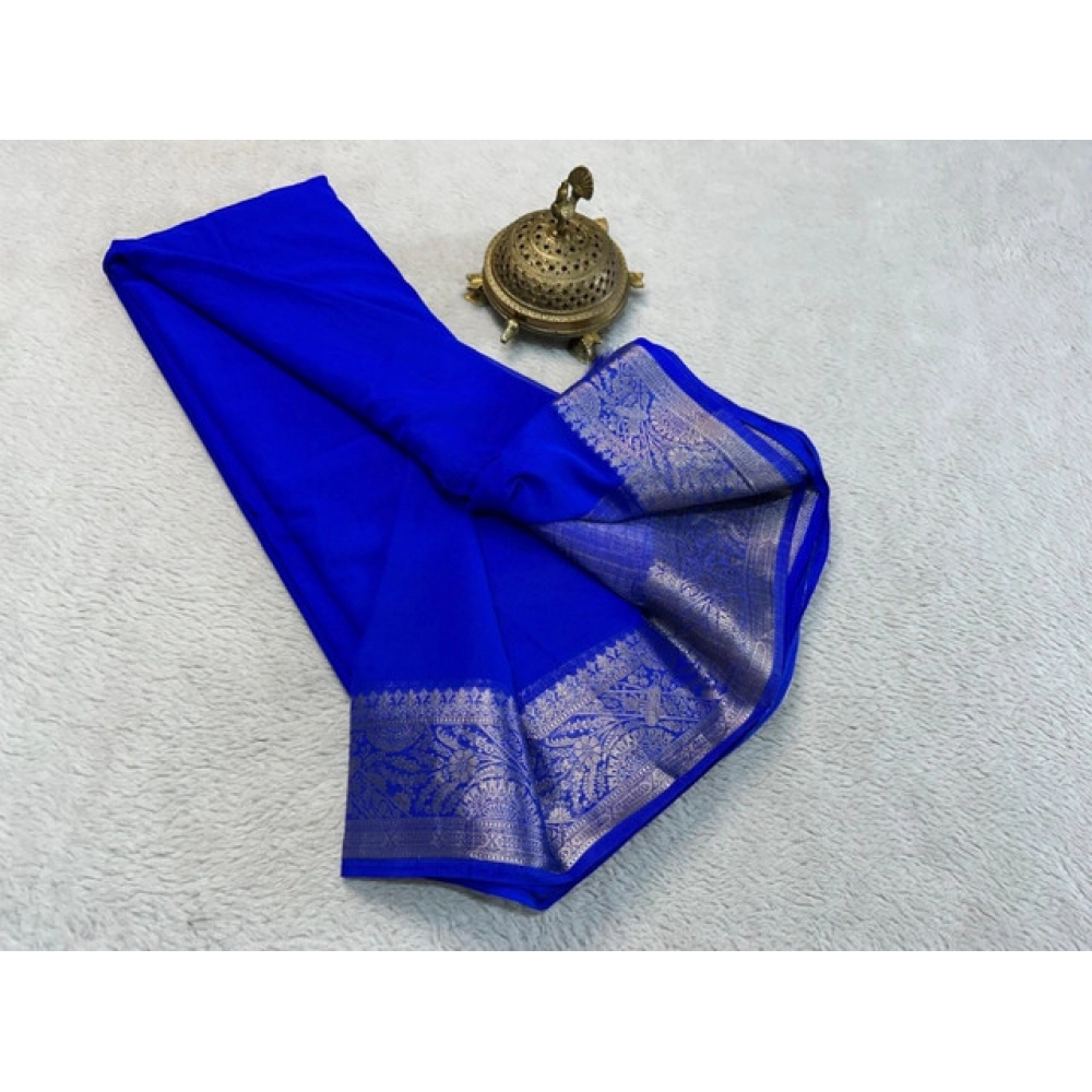 Women's Crepe Chit Pallu Solid Saree with Blouse – Navy Blue