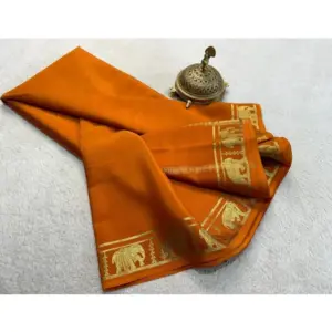 Women's Crepe Chit Pallu Solid Saree with Blouse – Orange
