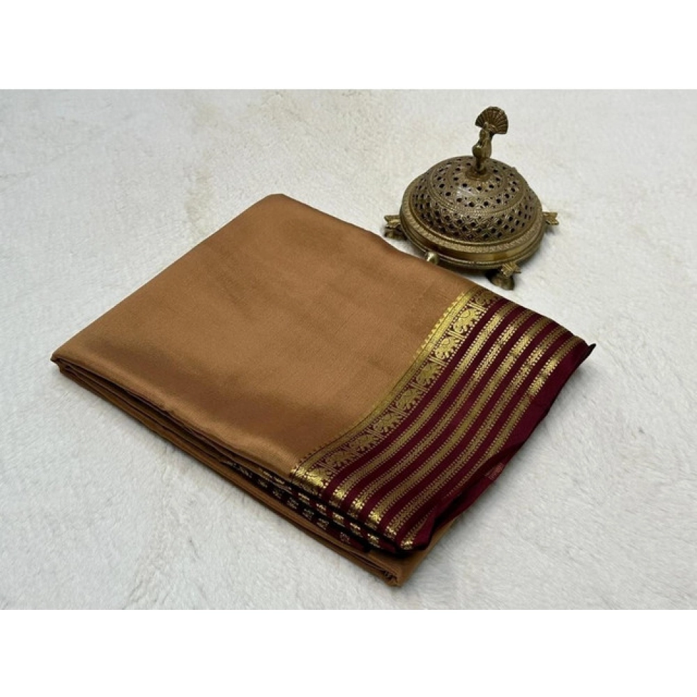 Women's Crepe Chit Pallu Solid Saree with Blouse – Beige