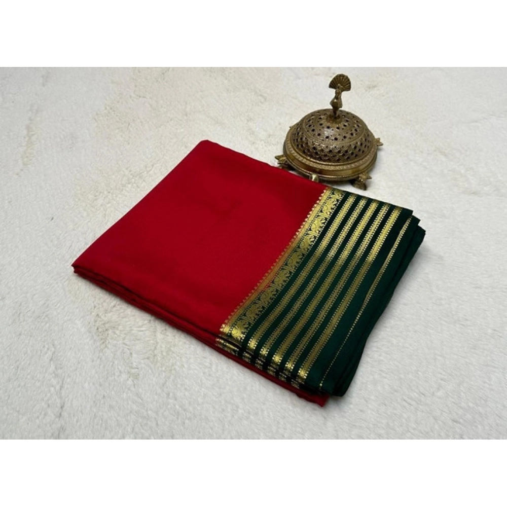 Women's Crepe Chit Pallu Solid Saree with Blouse – Red