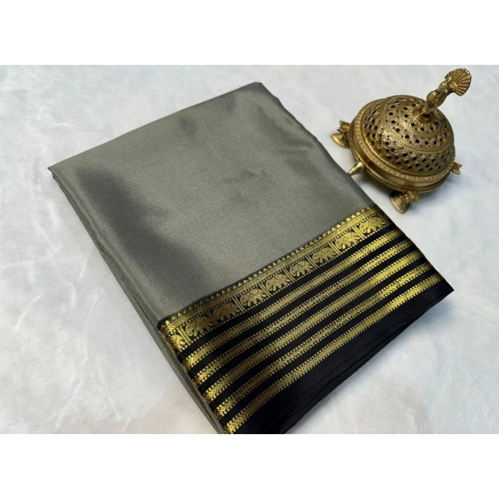 Women's Crepe Chit Pallu Solid Saree with Blouse – Gray
